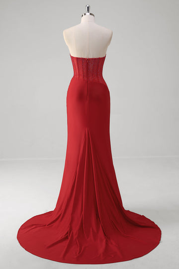 Rosso sirena corsetto senza spalline lungo abito da cerimonia con fessura